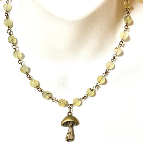 Natural Yellow Green Prehnite Necklace, Bronze Slim Mushroom + Genuine Gemstone - Picture 2 of 16